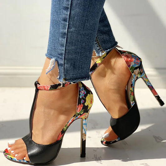 Floral Peep-Toe High Heels with Buckle for Women