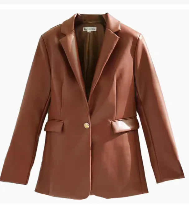 Vintage Women's Leather Jacket - Classic Single Button