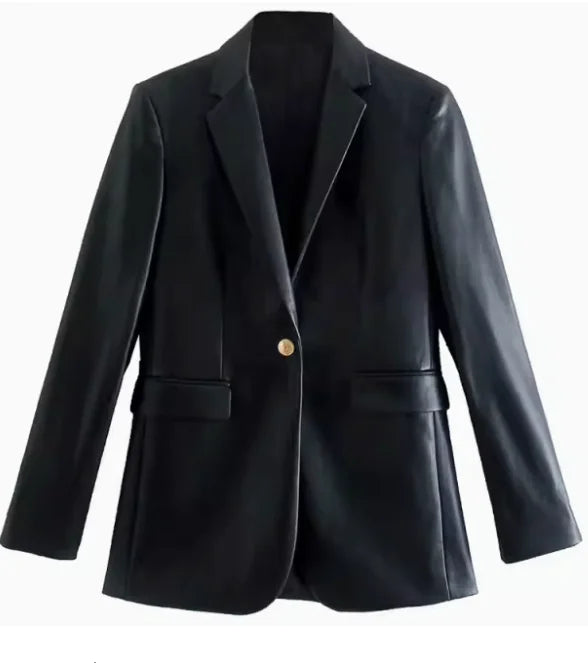 Vintage Women's Leather Jacket - Classic Single Button