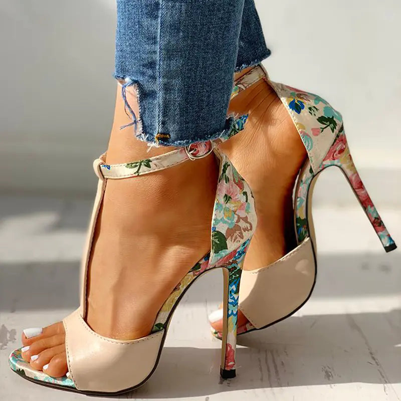 Floral Peep-Toe High Heels with Buckle for Women