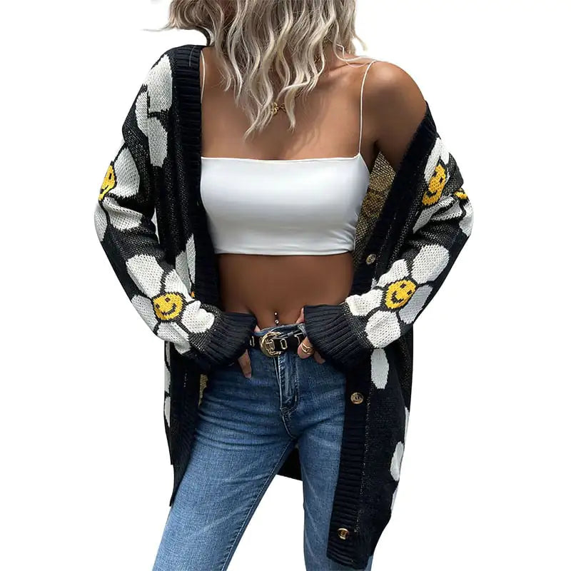 Ladies' Floral Long Sleeve Sweater Cardigan