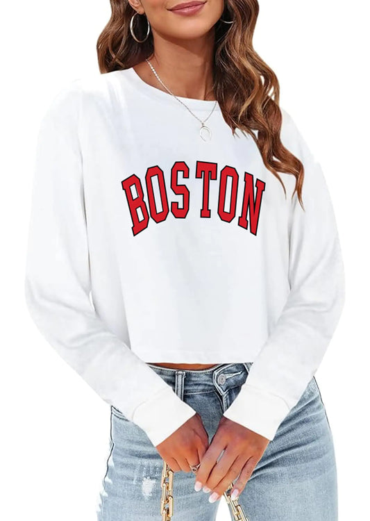 White Sweatshirt Pullovers Women Long Sleeve Loose Fit Cropped Sweatshirts Tops Boston Letter Print M