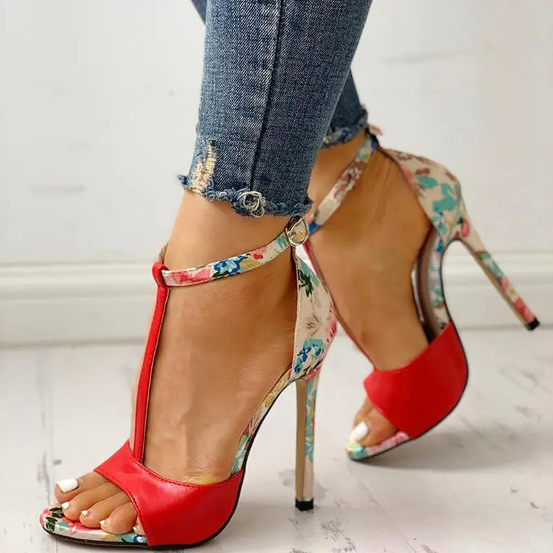 Floral Peep-Toe High Heels with Buckle for Women