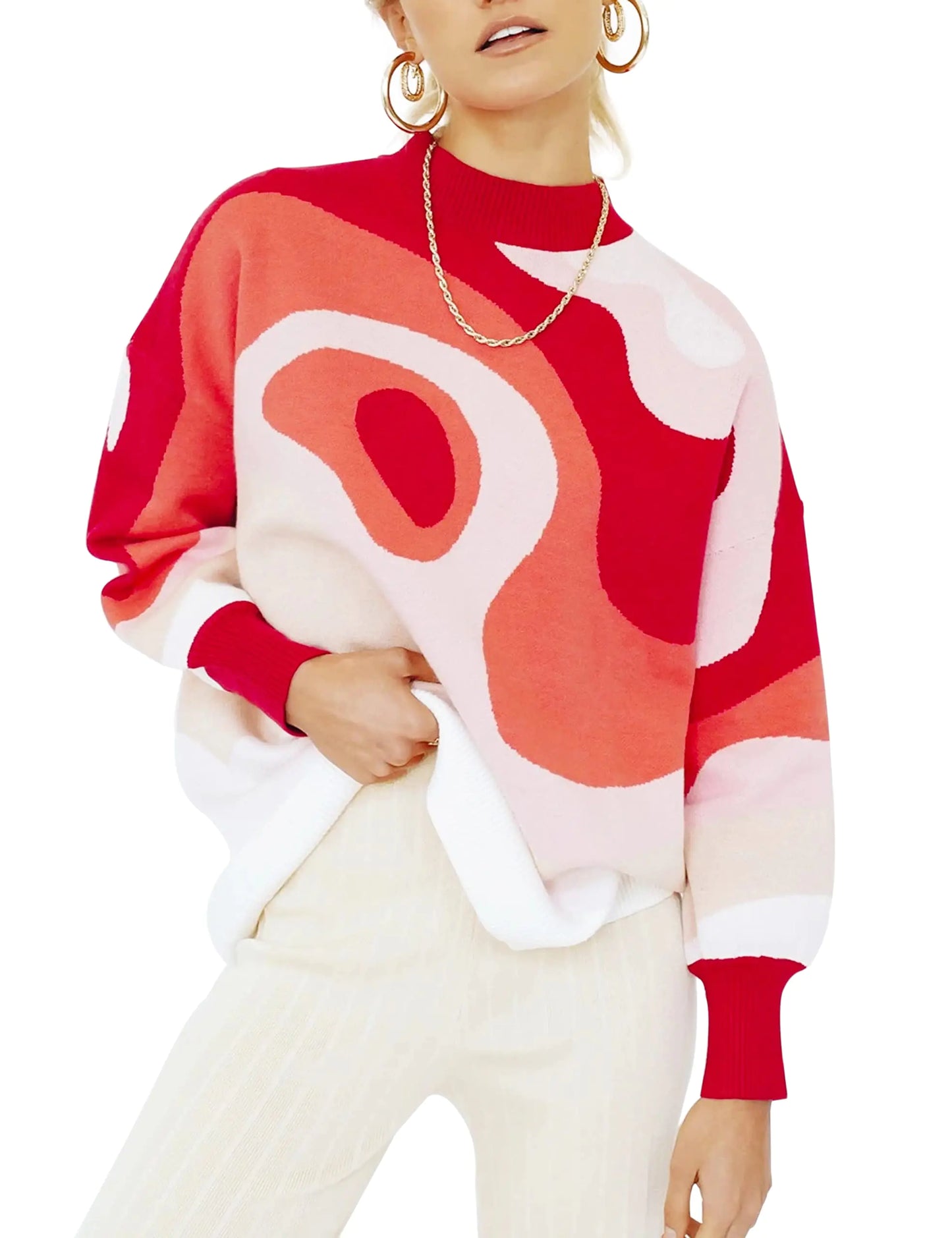 MISSACTIVER Women Casual Knitted Mock Neck Sweater Print Colorblock Long Sleeve Loose Fit Pullover Knitwear(MediumRed)